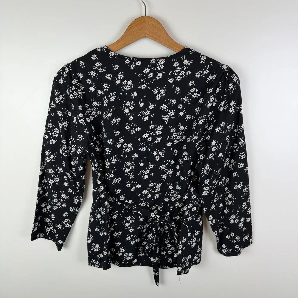 Reformation Black Floral Tie Back Babydoll Blouse Medium Lightweight‎ Feminine